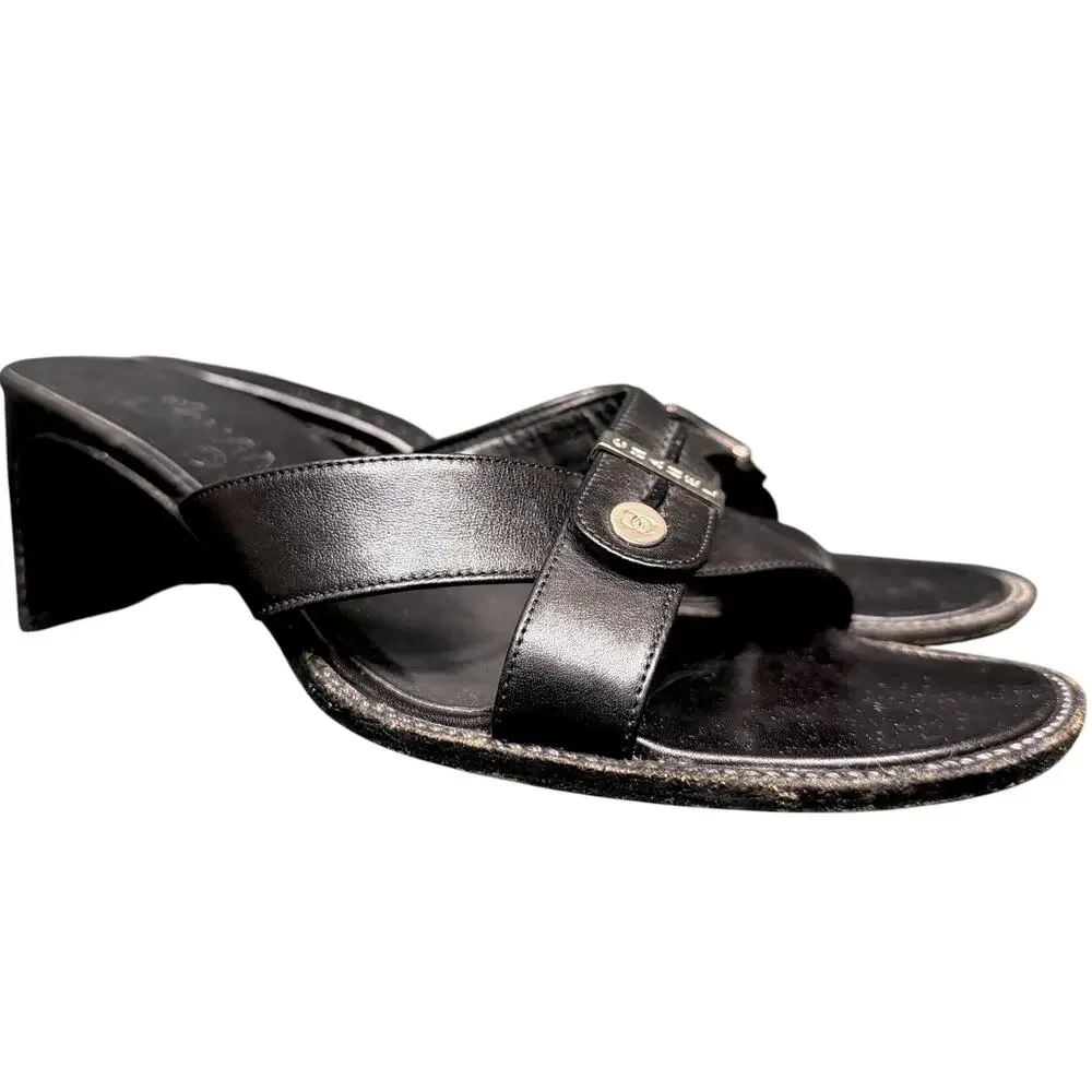 Vintage Chanel Black Leather Crossover Strap Mule Sandals Women EU 37.5 US 7/7.5